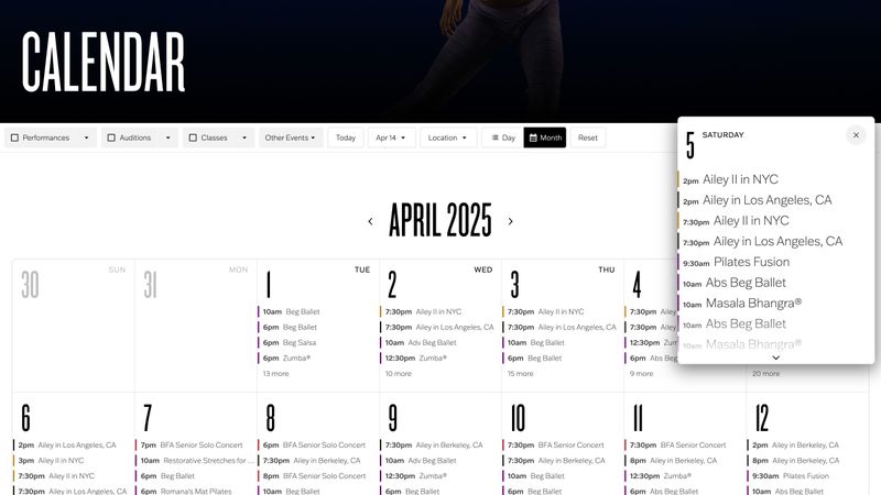 Screenshot of ailey.org calendar
