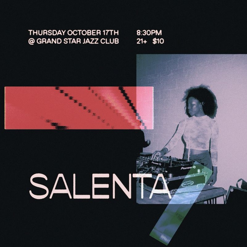 Flyer for event by Backbeat LA with a photo of Salenta, with green and red rectangles