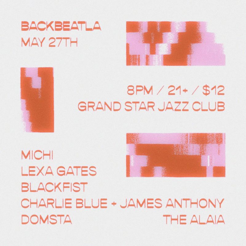 Flyer for event by Backbeat LA with performances by Michi and others, with orange rectangles