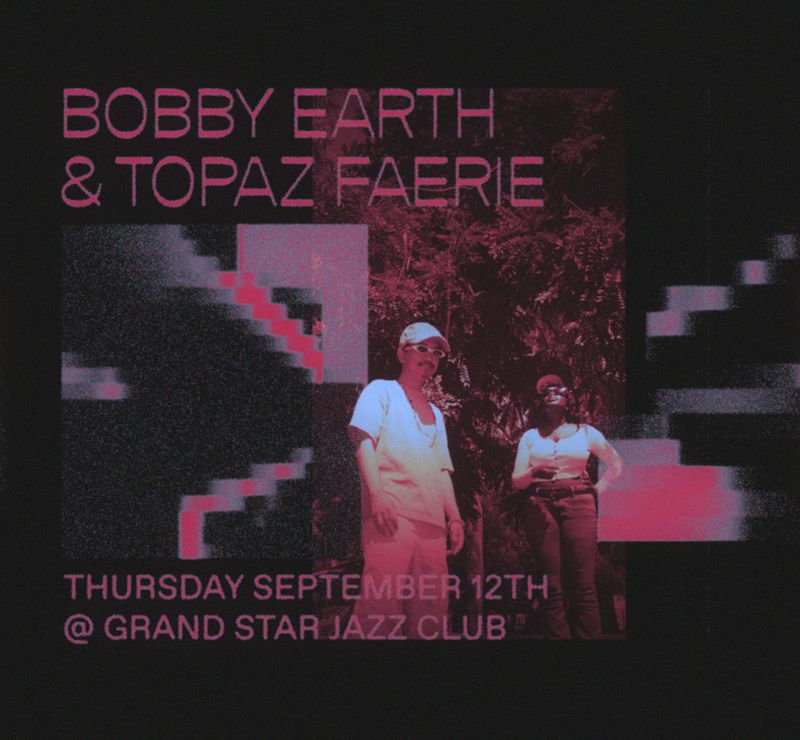 Flyer for event by Backbeat LA with performance by Bobby Earth & Topaz Faerie, with photo of them and red rectangles