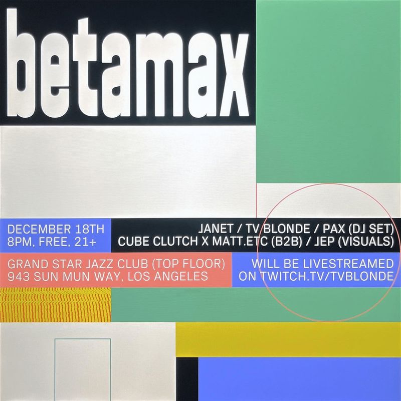 Flyer for an event titled Betamax laid out in grid of rectangles with various colors and textures