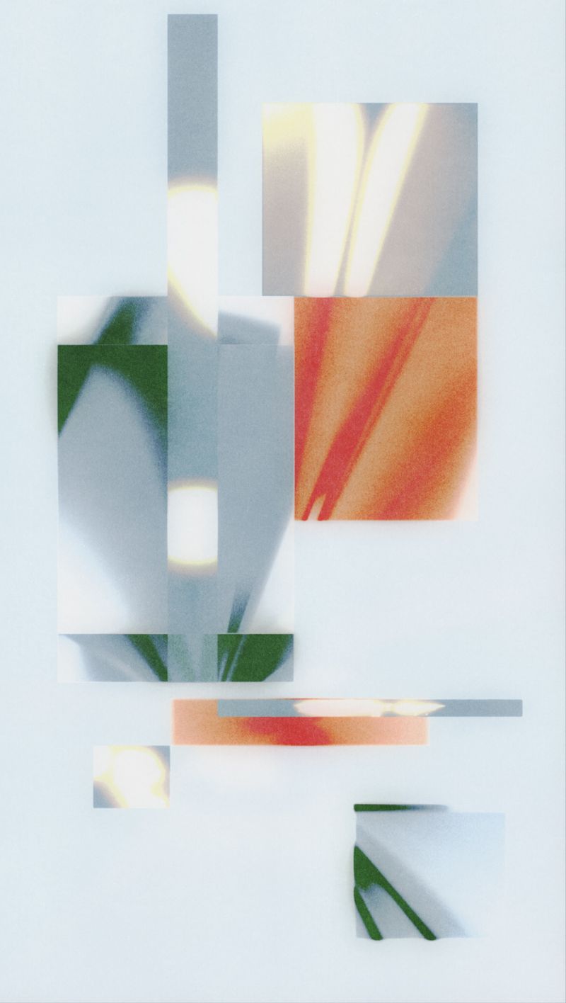 Collage of orange, gray, and green shapes with textures that converge at a single point
