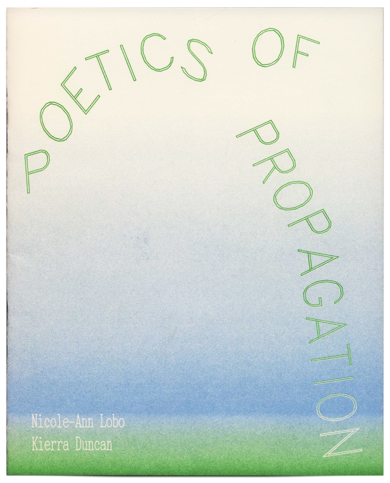 Cover of the Poetics of Propagation zine with green and blue gradient and the title resembling a plant