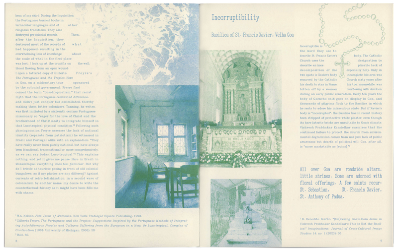 Spread of the Poetics of Propagation zine with a page of text over a seashore next to a page titled Incorruptibility