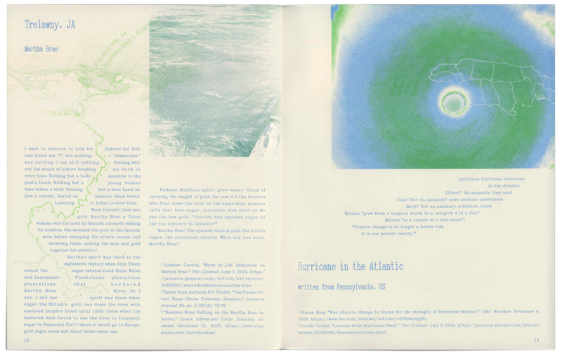 Spread of the Poetics of Propagation zine with a poem titled Hurricane in the Atlantic under a photo of Hurricane Melissa