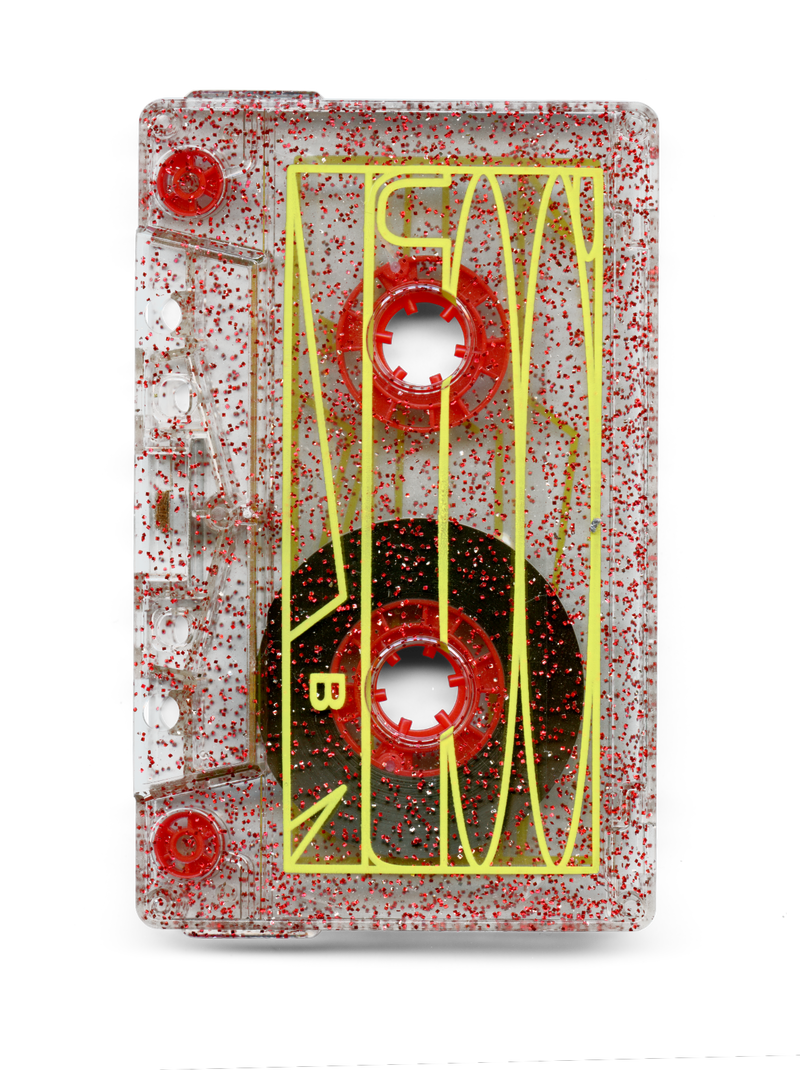 Back of transparent Talmbout cassette tape shell with red glitter